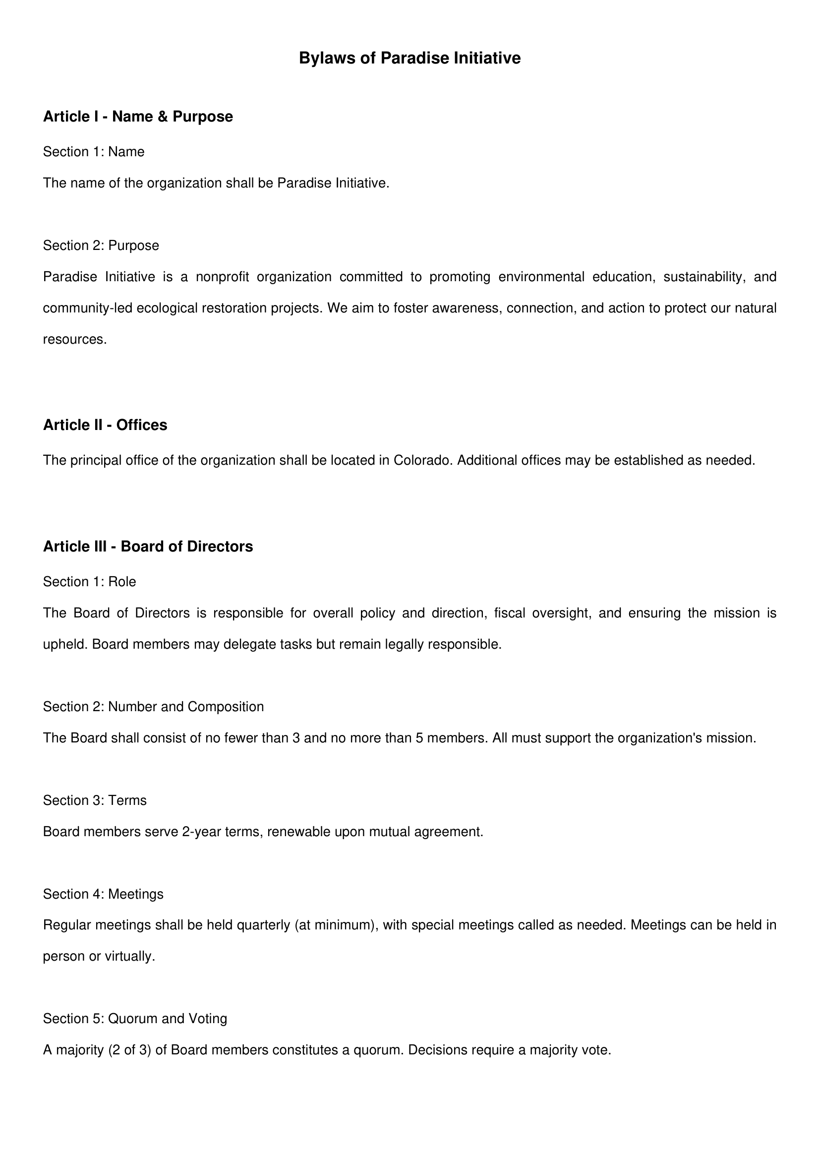 Paradise Initiative bylaws document preview